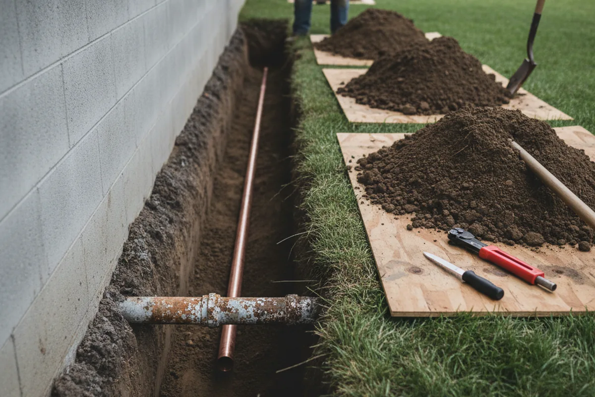 Excavated water line trench during Sewer Line Repair in Camillus